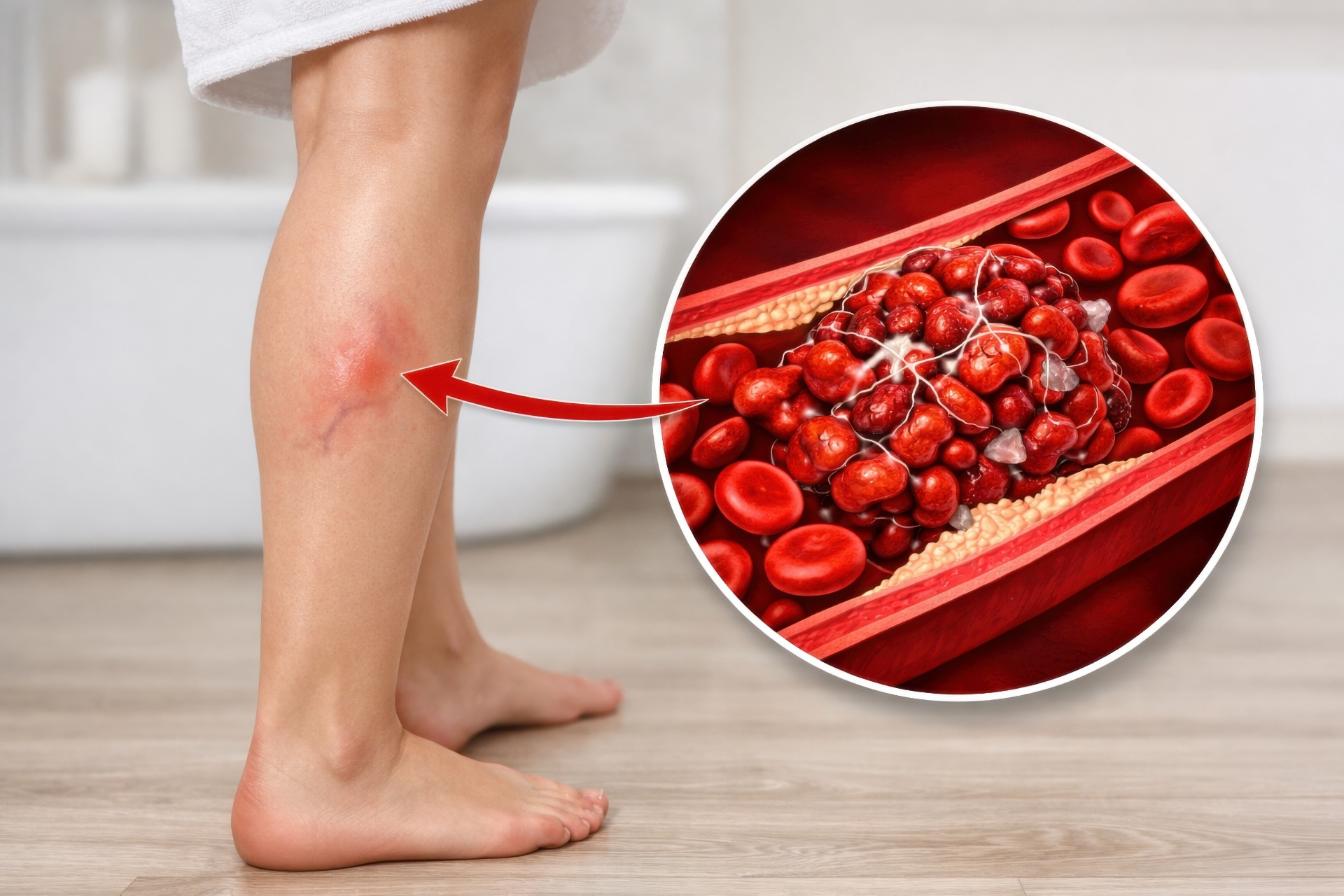 Blood clot in the leg (deep vein thrombosis) with a red, swollen calf and an illustration of a thrombus in a vein
