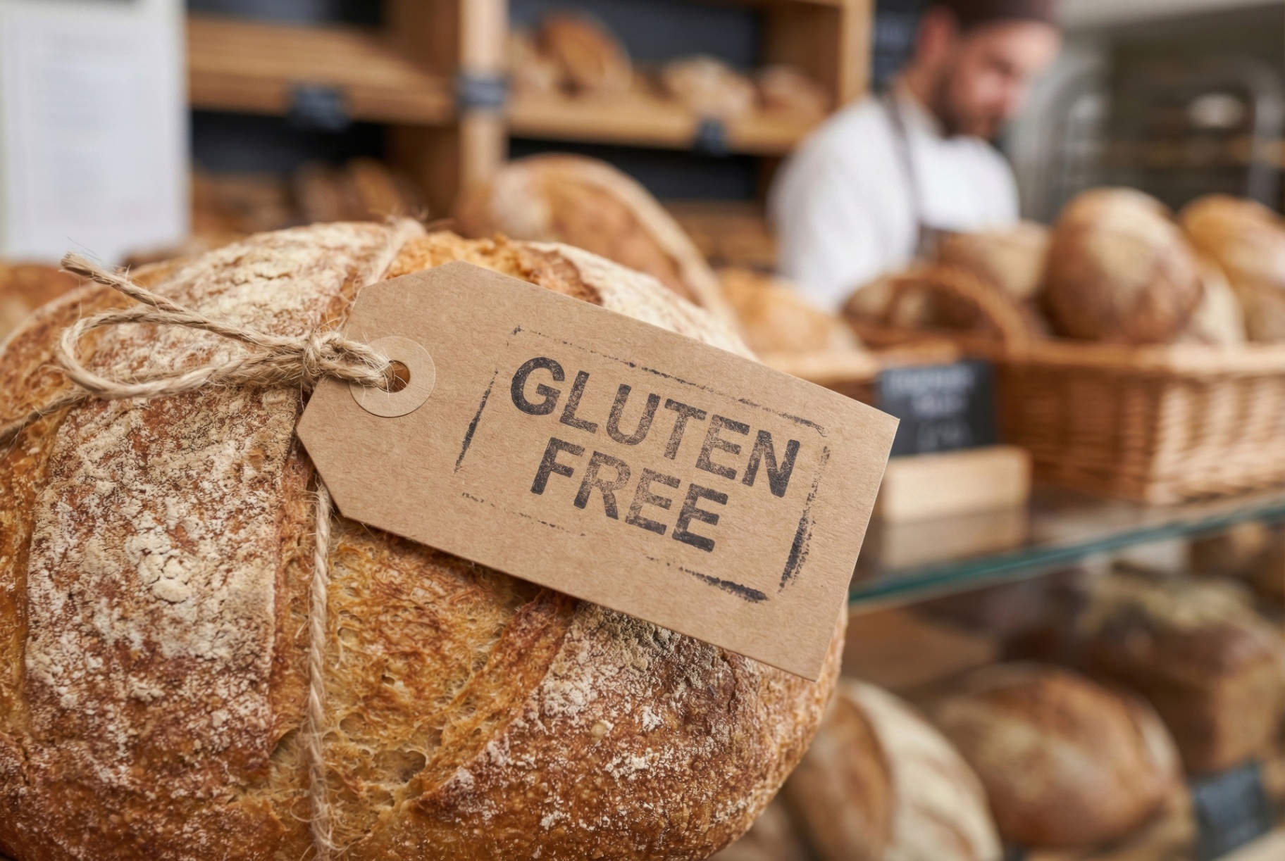 Gluten-free bread with label at the bakery