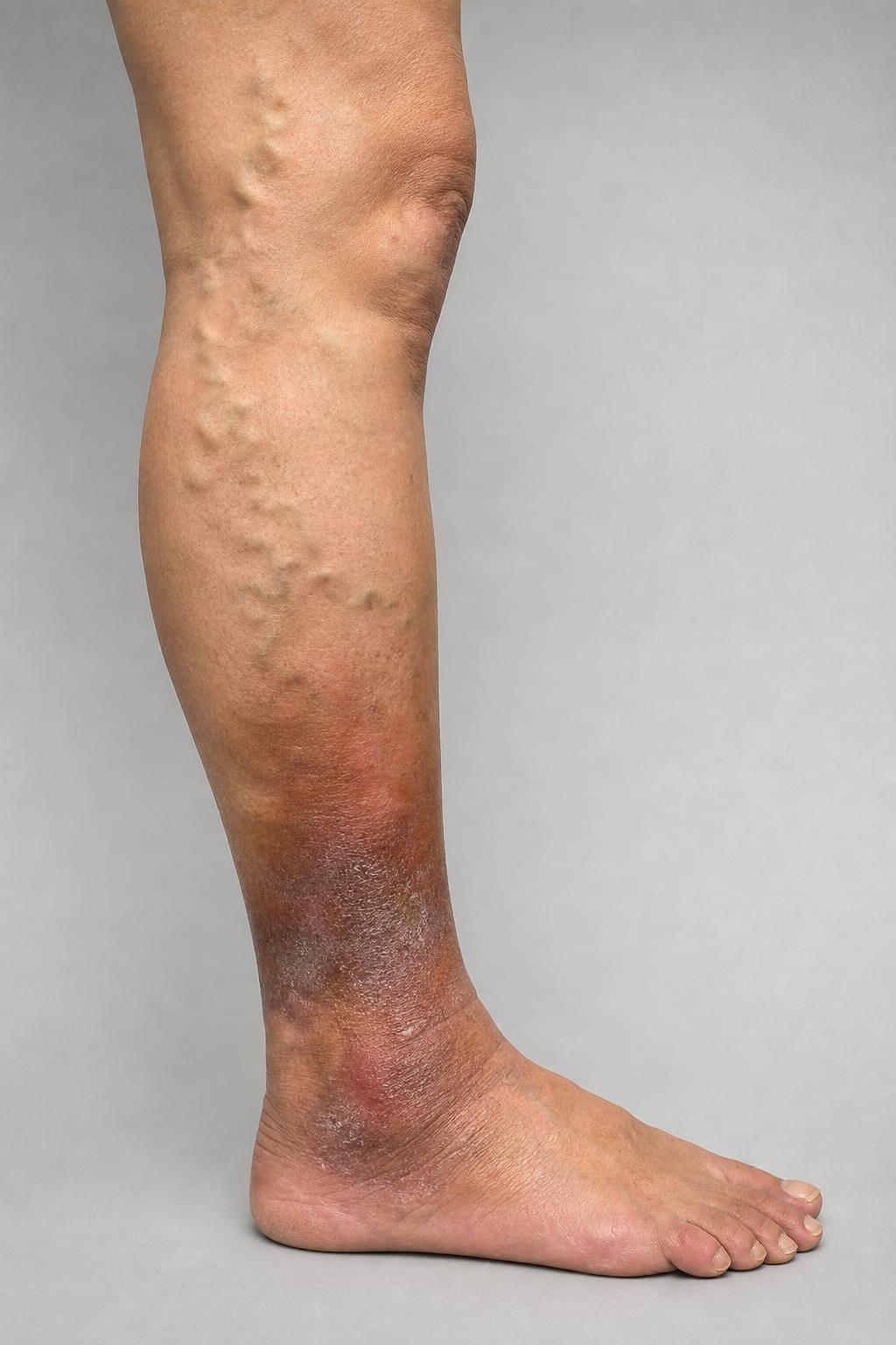 Venøst eksem (stasedermatitis) på underben og ankel med brune hæmosiderin-pletter og synlige åreknuder