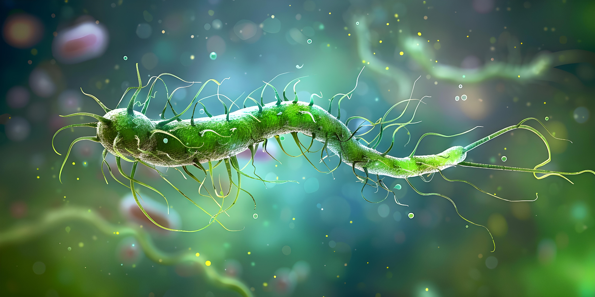 3D-illustration af Helicobacter pylori-bakterien med dens karakteristiske flageller