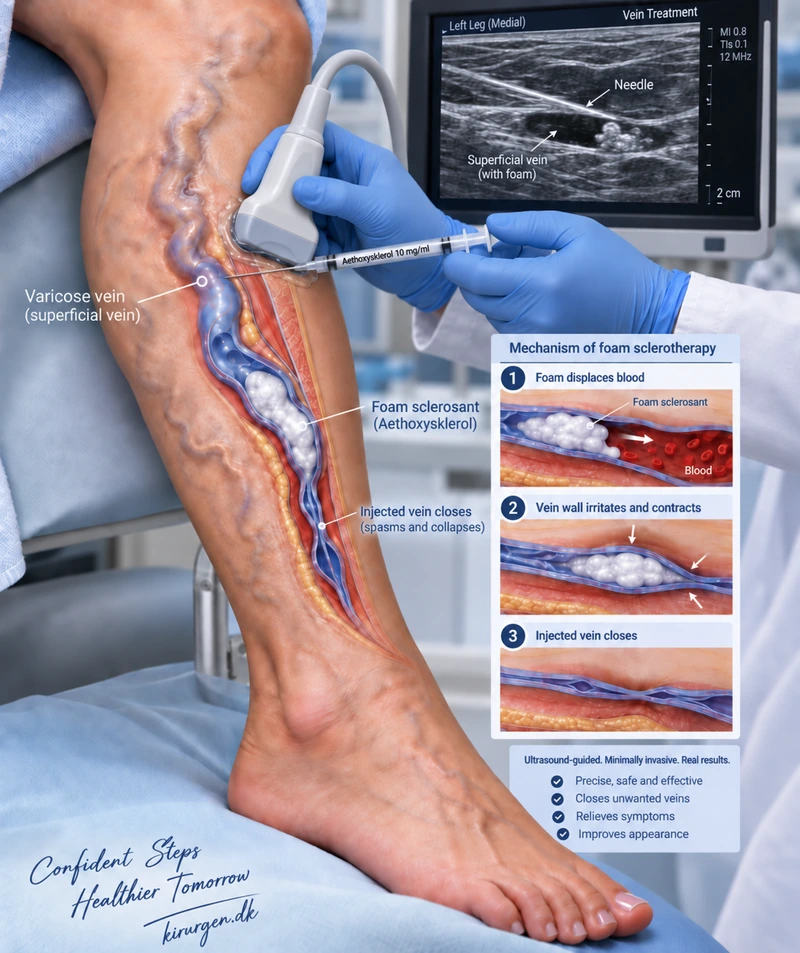 Diagram of ultrasound-guided foam sclerotherapy showing foam being injected to close the diseased vein