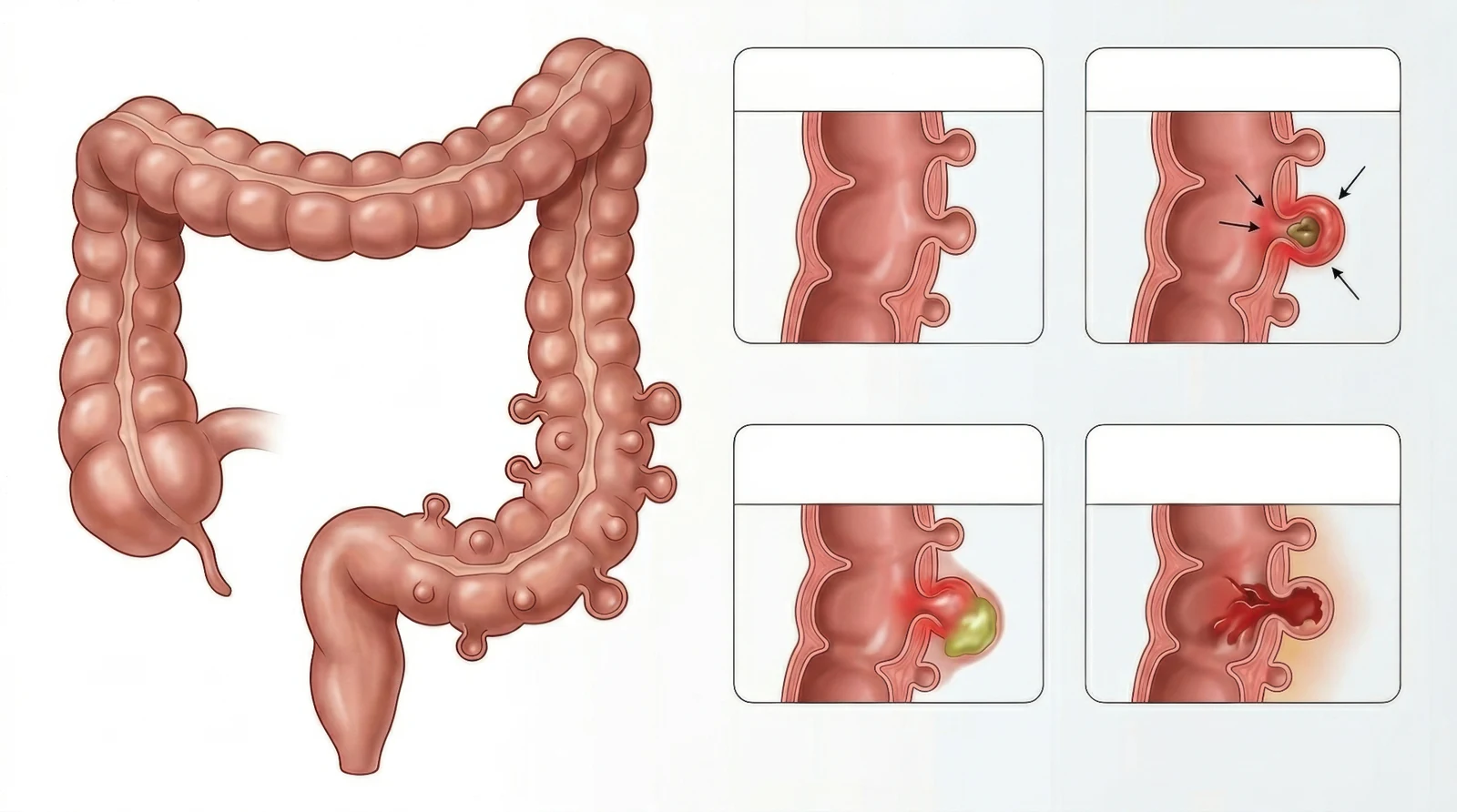 Illustration af divertikulitis med betændelse og komplikationer i divertikler