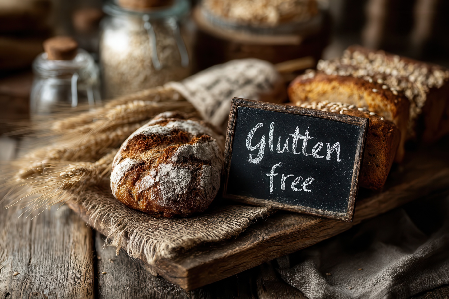 Gluten-free bread on rustic wooden board