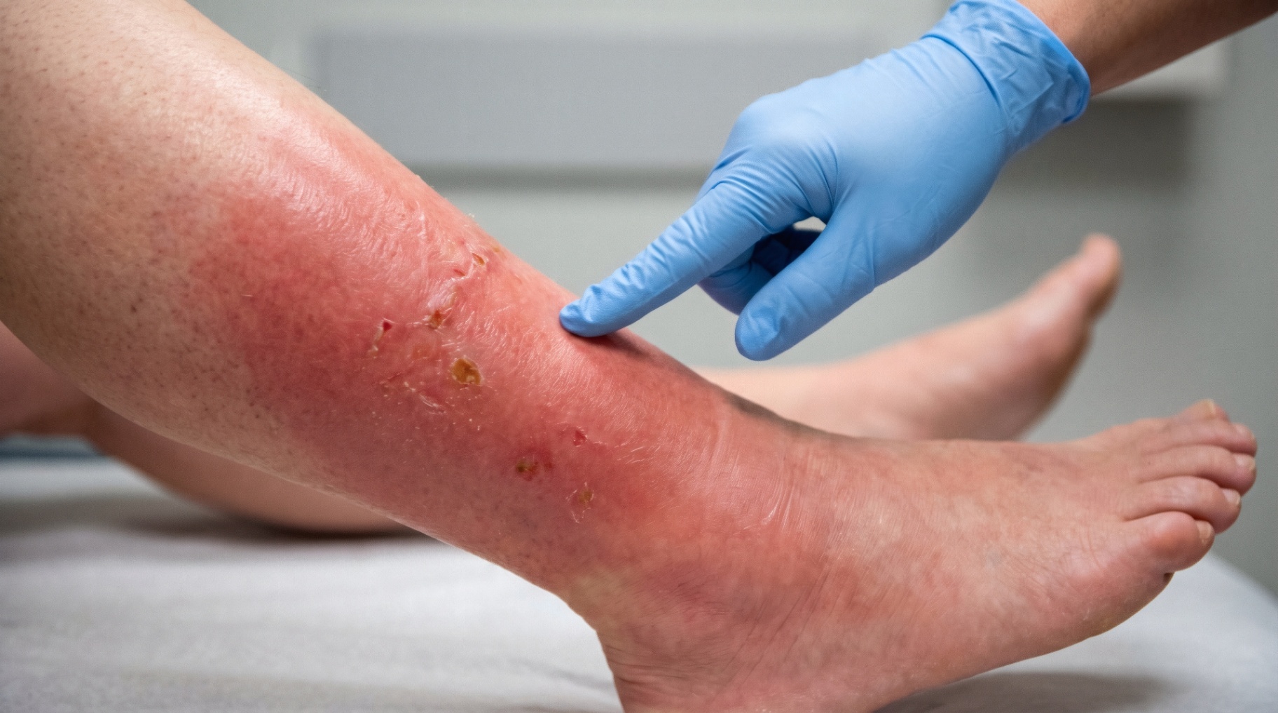 الحمرة (erysipelas) في أسفل الساق مع احمرار واضح وتغيرات جلدية حول الكاحل