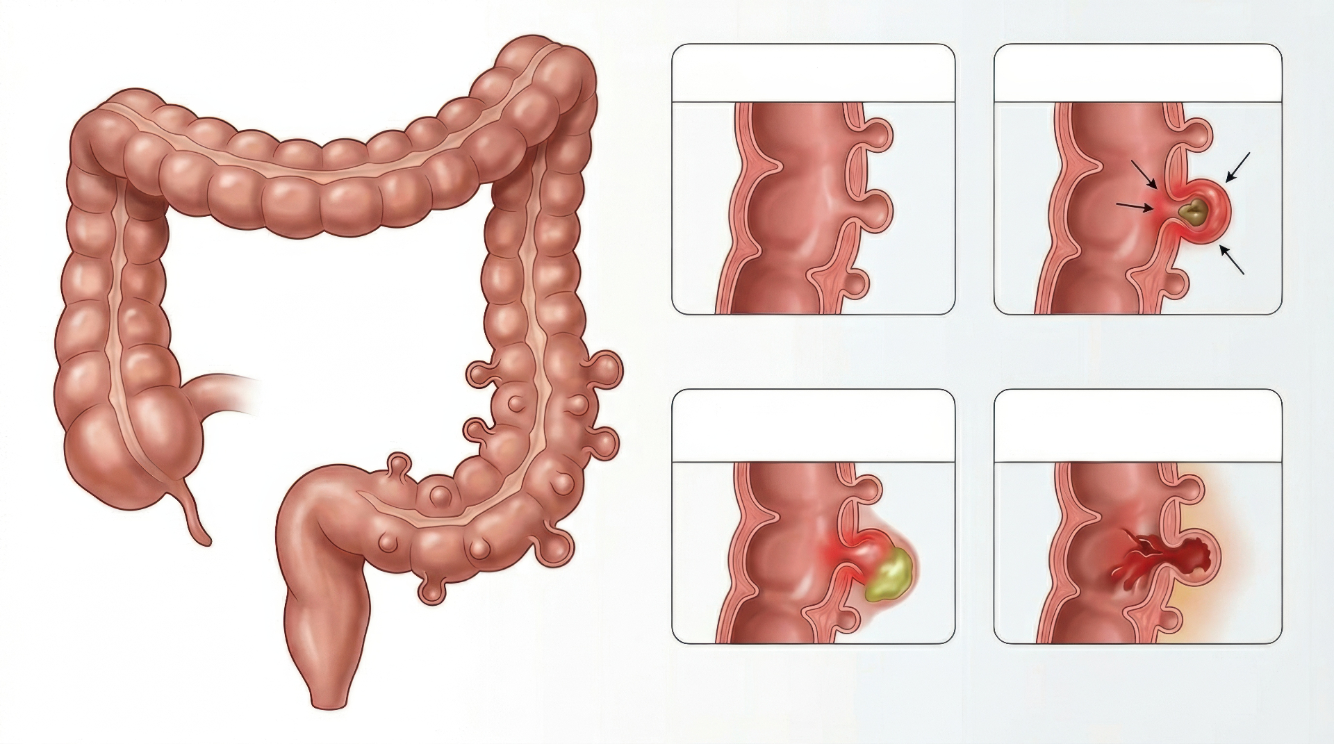 Illustration af divertikulitis med betændelse og komplikationer i divertikler
