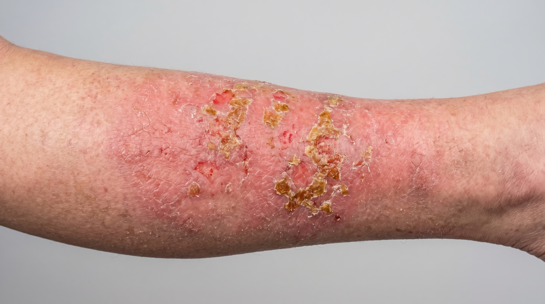 Acutely inflamed venous eczema with redness, crusting and weeping sores on the lower leg