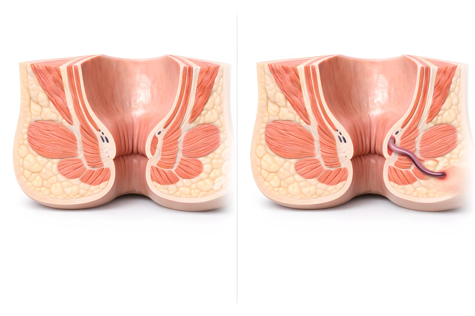 Anatomisk illustration: normal anatomi sammenlignet med analfistel gennem sphincter-muskulaturen