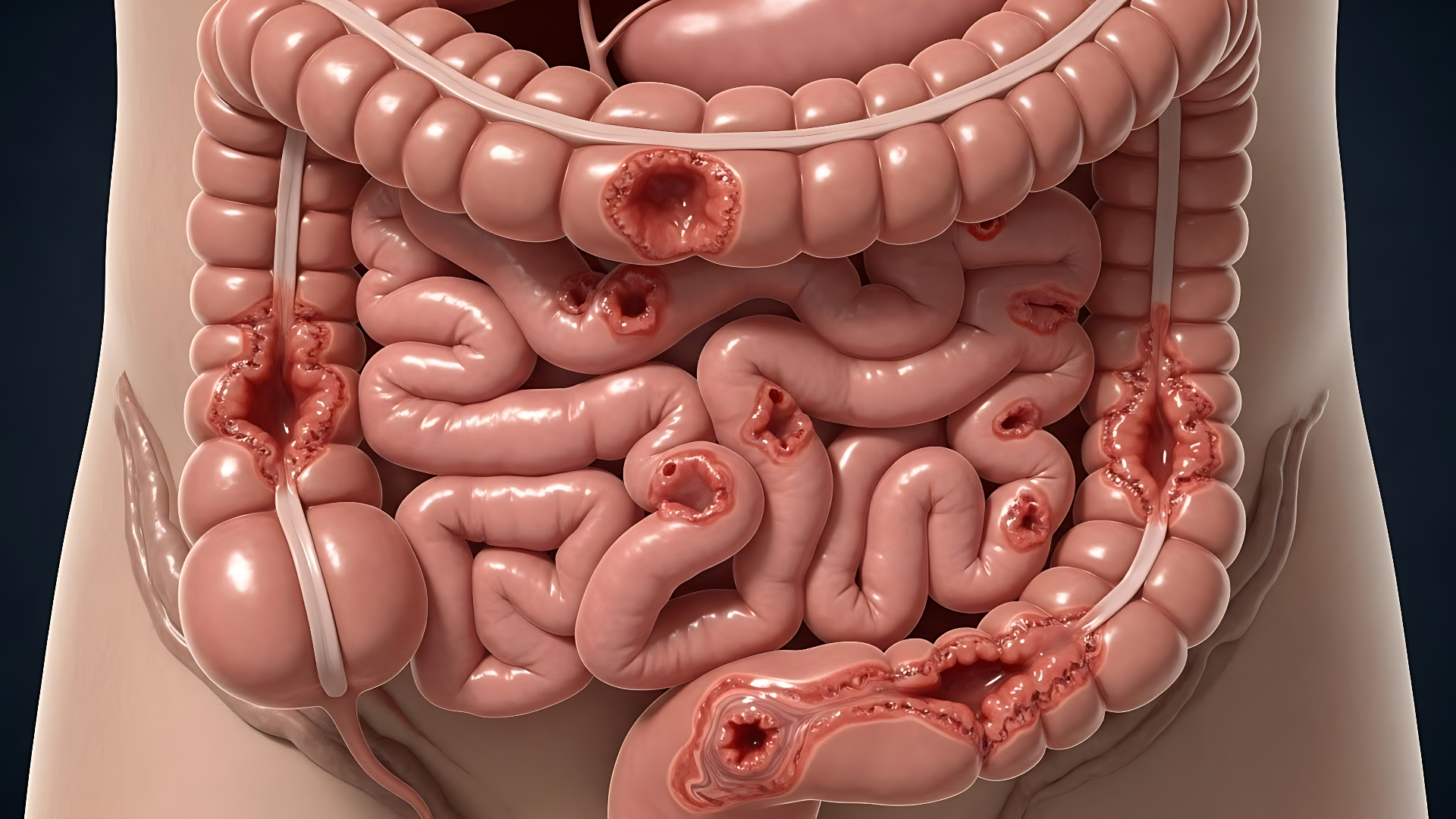 Illustration af Morbus Crohn med sår og betændelse i tarmen