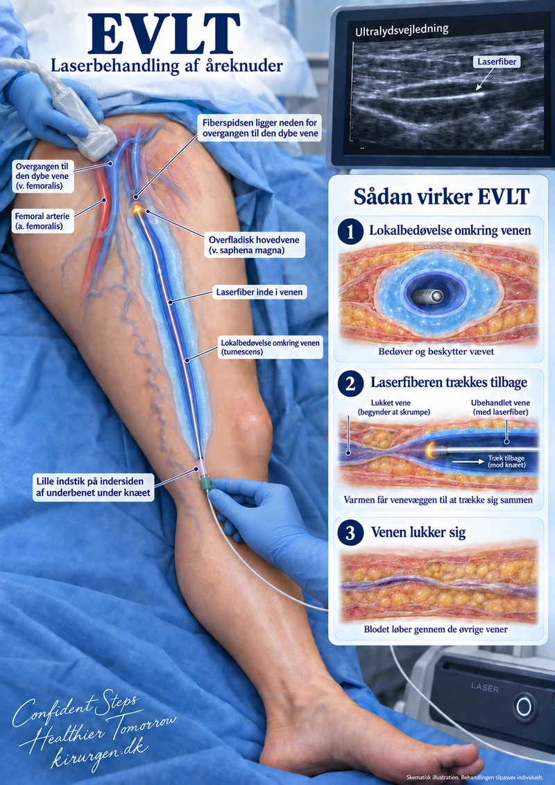 Illustration af ultralydsvejledt EVLT med laserfiber, lokalbedøvelse og lukning af den syge vene